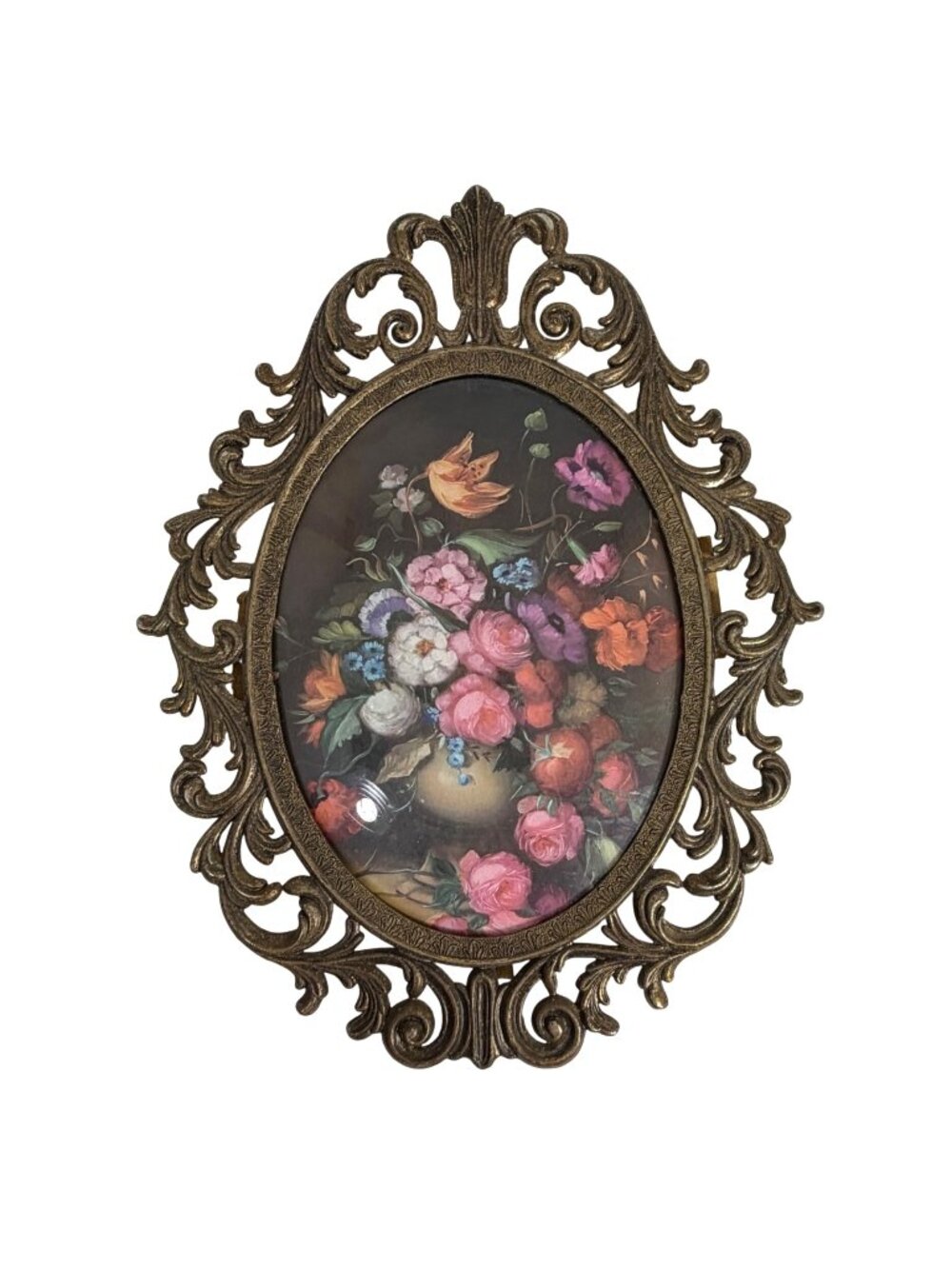Vintage Italian Ornate Oval Brass Framed Bubble Glass Floral Art Print